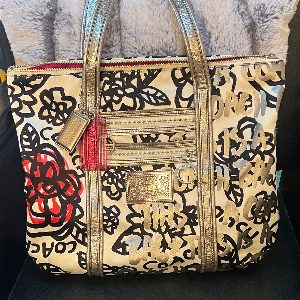 Coach Gold and Black Floral Tote Bag